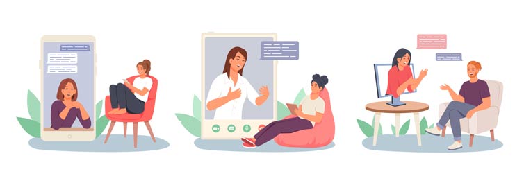 Three graphics of people meeting with their psychiatrist/therapist via phone, computer and in-person.