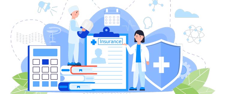 Graphic showing doctors/nurses, a calculator, insurance clipboard other medical icons.