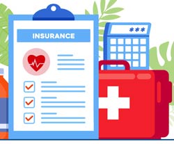 Graphic showing insurance clipboard with checkmarks, first aid kit and a calculator.
