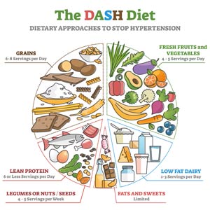 Graphic of the DASH diet food pyramid.