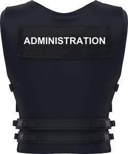 Kevlar vest with the word “ADMINISTRATION” on it