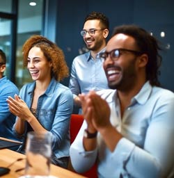 Group of young businesspeople at meeting smiling and clapping.